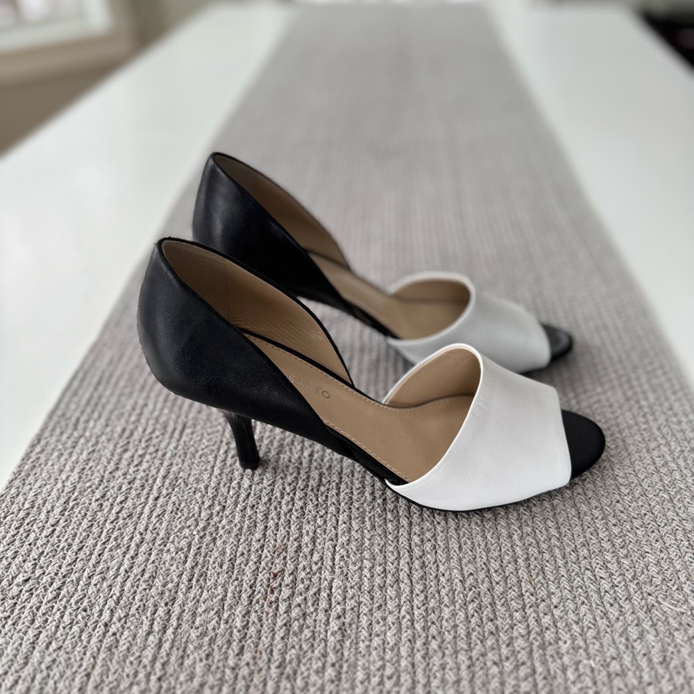 Franco Sarto Black White Leather Peeptoe Spectator High Heel Pumps Heels Sz 10